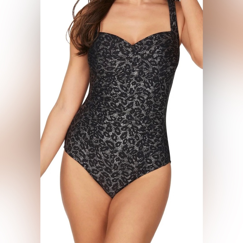 Niptuck Leopard Foil Joanne One Piece Swimsuit Metallic Gold Ruched Front Sz 8